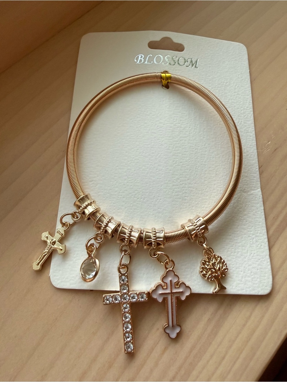 Blossom Gold-Tone Cross Crucifix Jesus Religious Charm Bracelet New